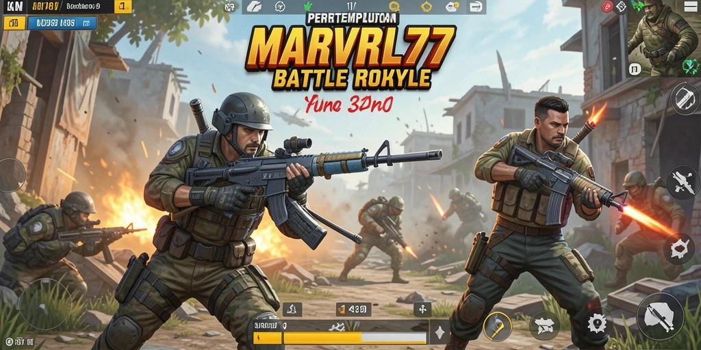 Screenshot utama MARVRL77 menampilkan aksi pertempuran yang intens di medan Battle Royale.