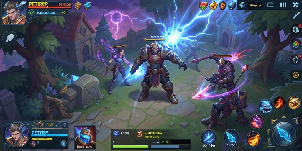 Screenshot utama PETIRRP menampilkan aksi seru dalam pertempuran MOBA.
