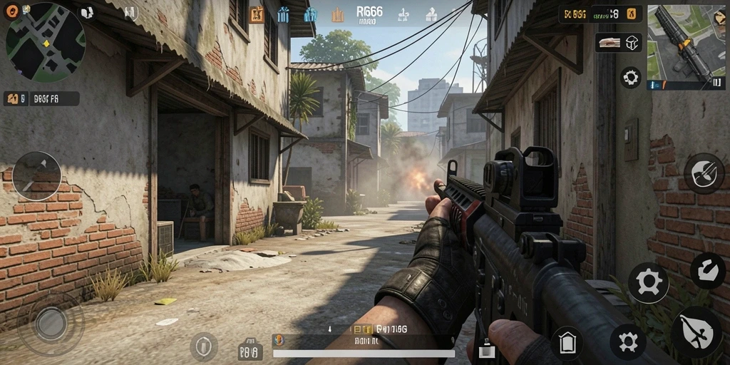 Screenshot menunjukkan aksi intens dari gameplay FPS yang mendebarkan.