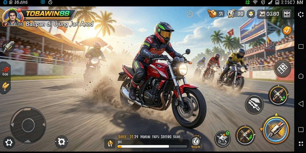Screenshot dari gameplay TOBAWIN88 menampilkan aksi balapan motor yang mendebarkan.