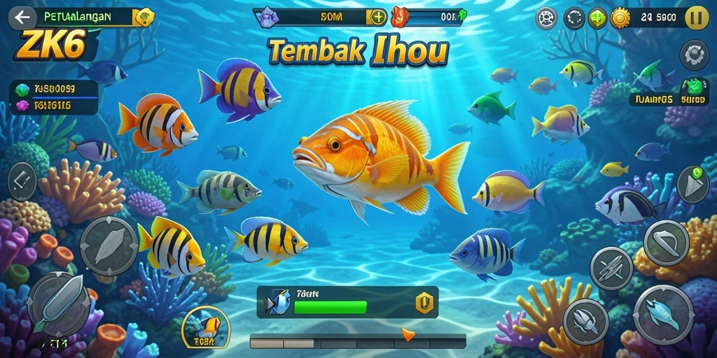 Gameplay ZK6 menampilkan aksi seru menangkap ikan dalam lautan.